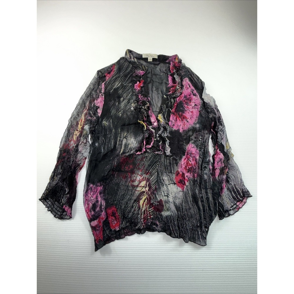 Blue Velvet Silk Blouse Top Womens M Mesh Floral  Artsy Hobo Ruffle